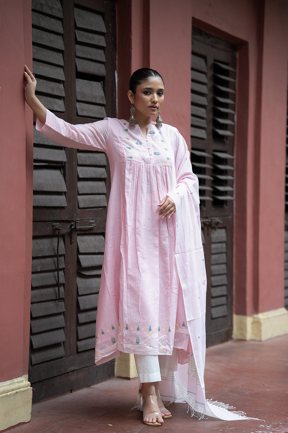 Pink Whisper Jamdani Handwoven Pure Cotton Kurta Set