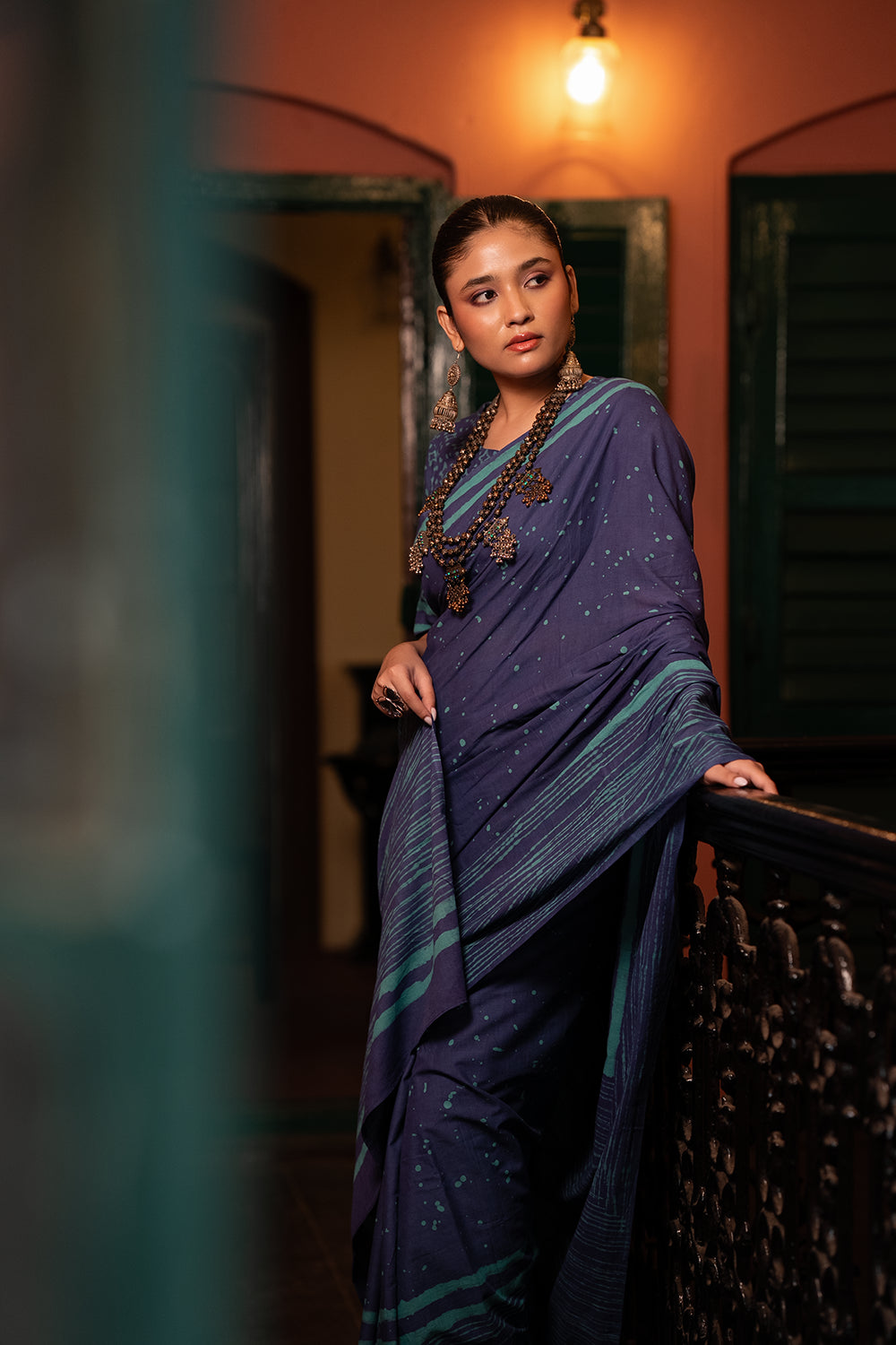 Indigo Rain Hand Block Print Saree