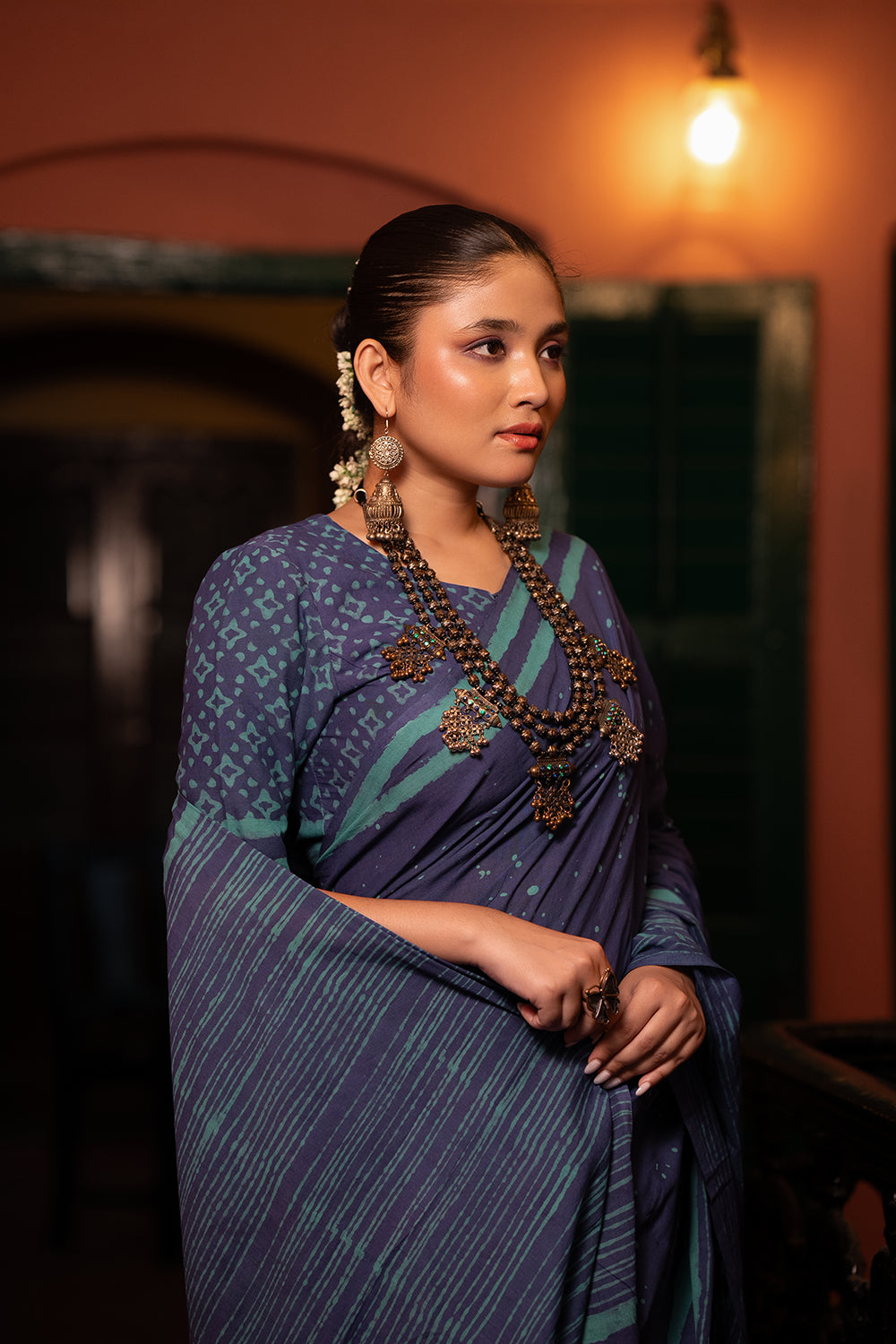 Indigo Rain Hand Block Print Saree