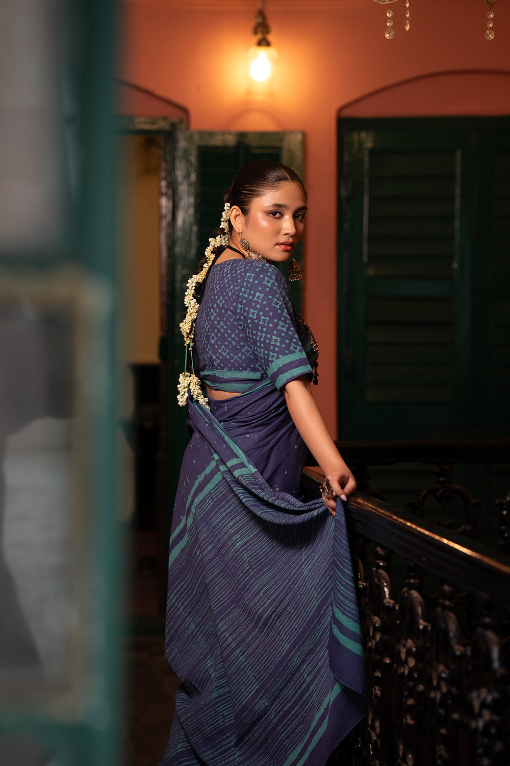 Indigo Rain Hand Block Print Saree