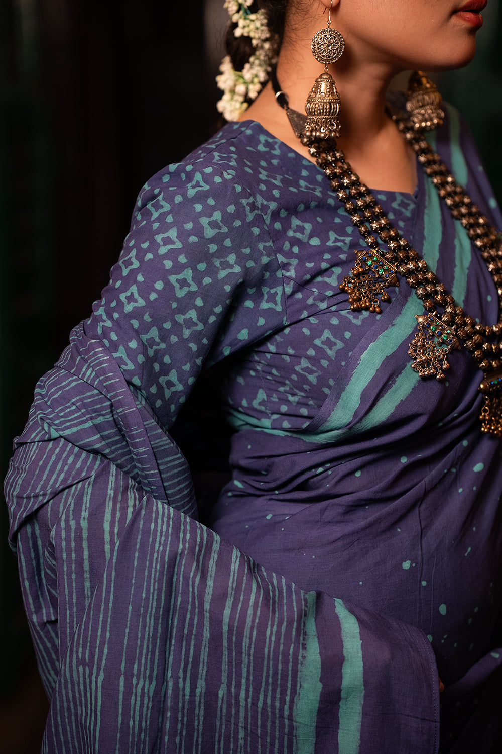 Indigo Rain Hand Block Print Saree