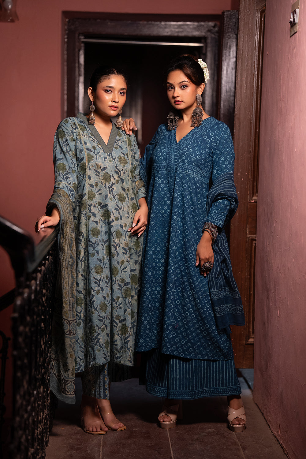 Blue Polka Hand Block Print Pure Cotton Kurta Set With Dupatta