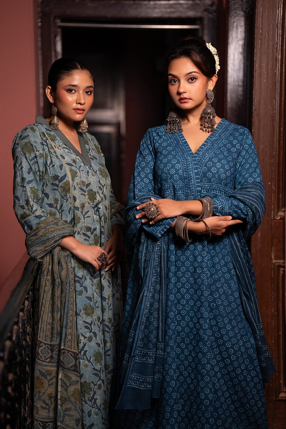 Blue Floral Hand Block Print Pure Cotton Kurta Set With Dupatta