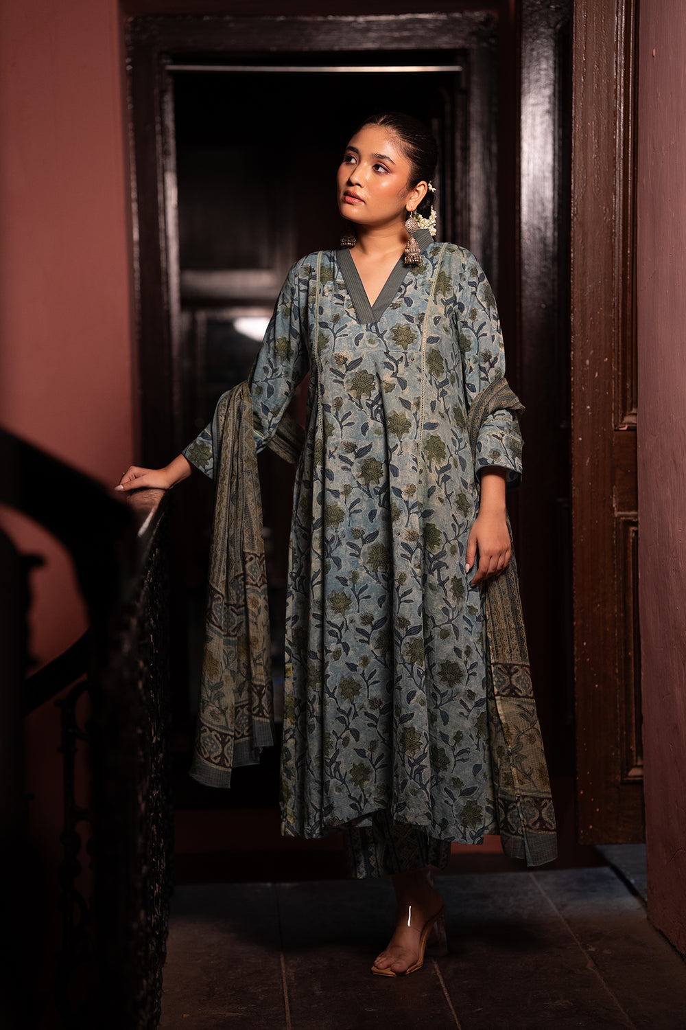 Blue Floral Hand Block Print Pure Cotton Kurta Set With Dupatta