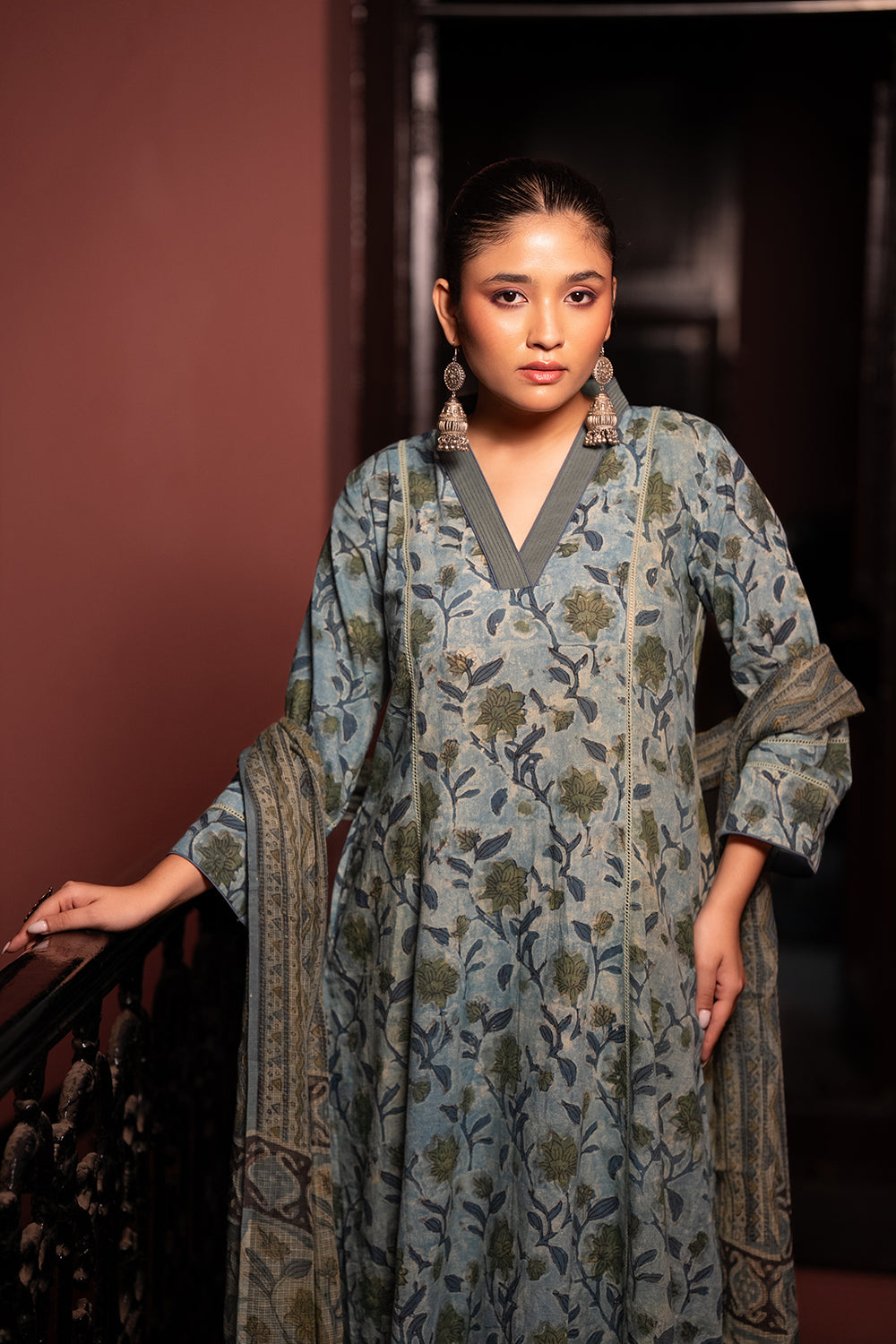 Blue Floral Hand Block Print Pure Cotton Kurta Set With Dupatta