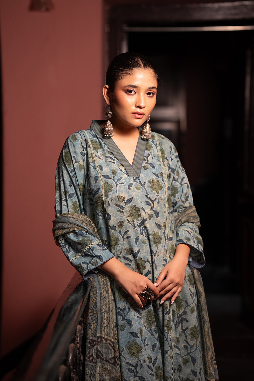 Blue Floral Hand Block Print Pure Cotton Kurta Set With Dupatta