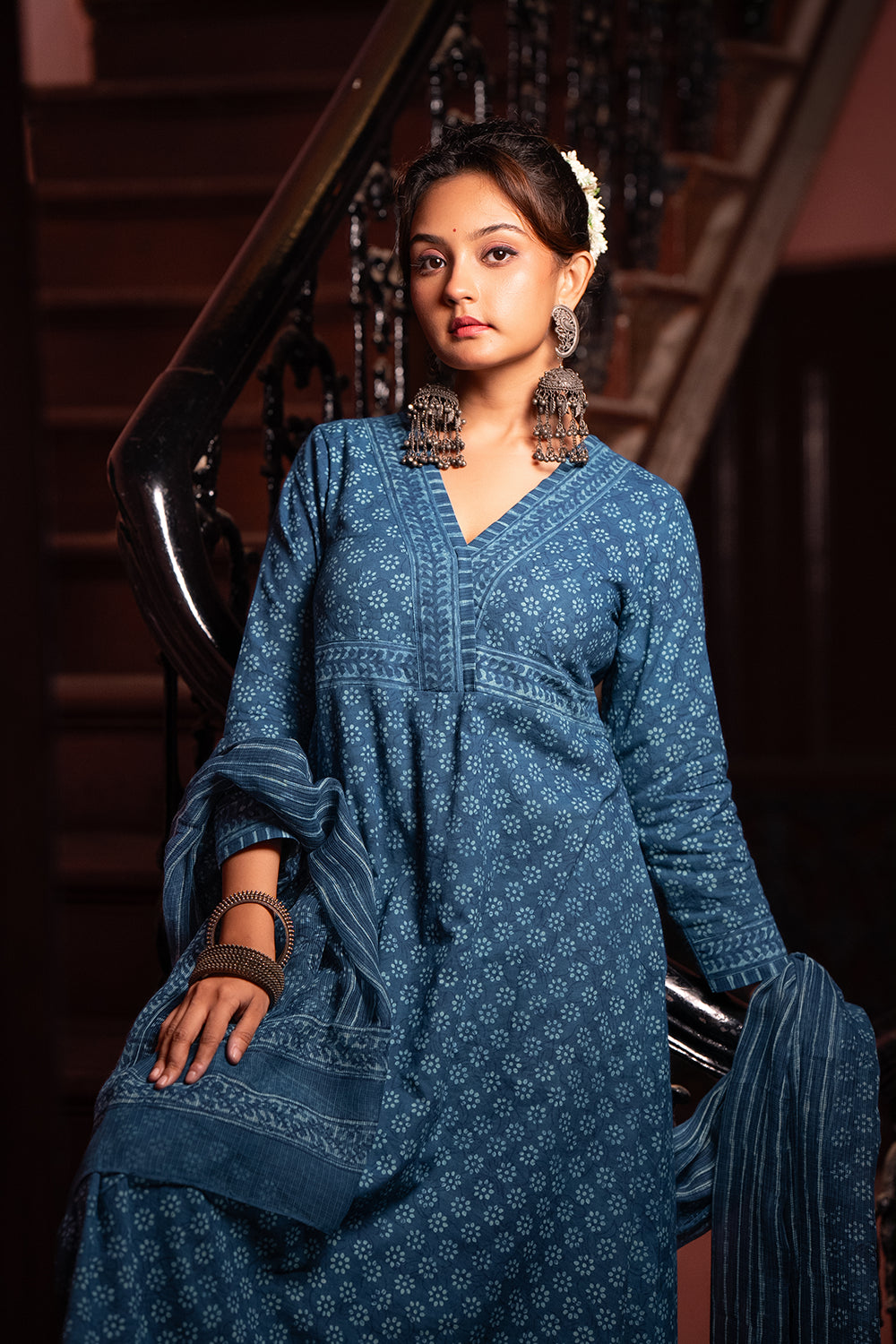 Blue Polka Hand Block Print Pure Cotton Kurta Set With Dupatta