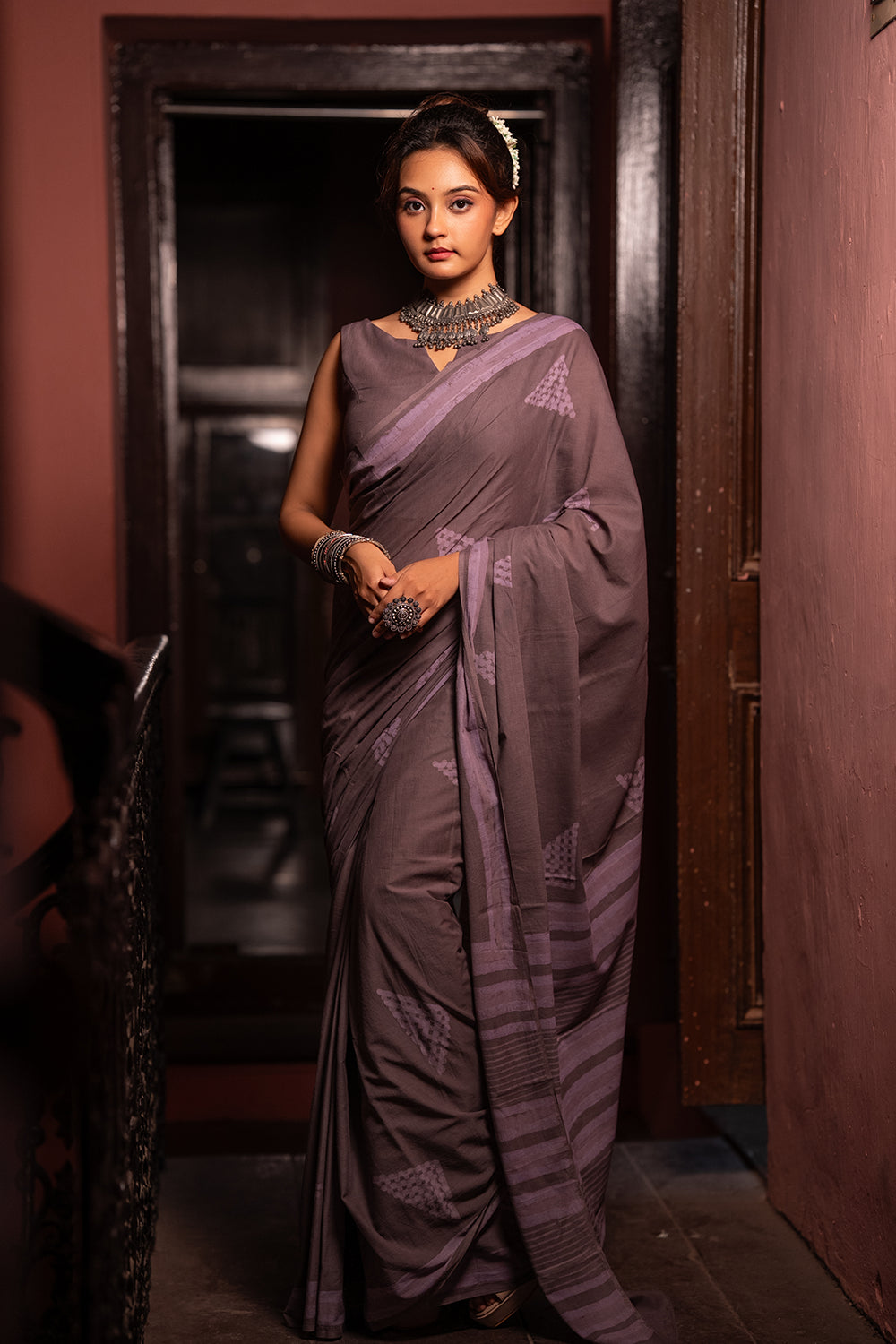 Grey Horizon Hand Block Print Saree