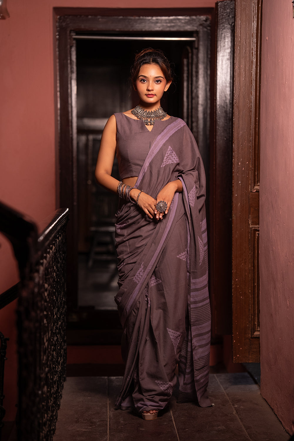 Grey Horizon Hand Block Print Saree