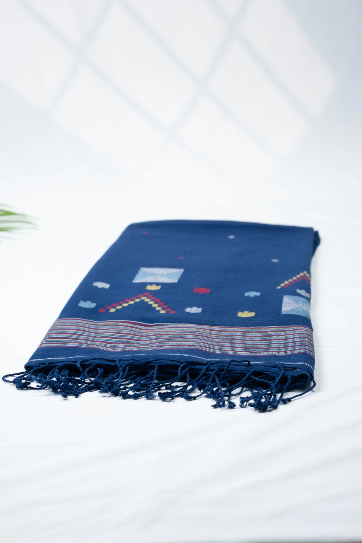 Navy Blue Jamdani Handwoven Pure Cotton Dupatta with Multicolour Motifs