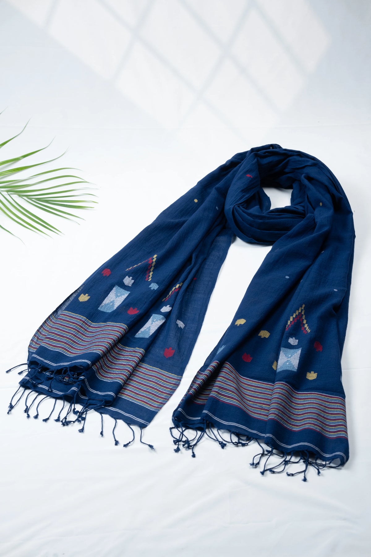 Navy Blue Jamdani Handwoven Pure Cotton Dupatta with Multicolour Motifs