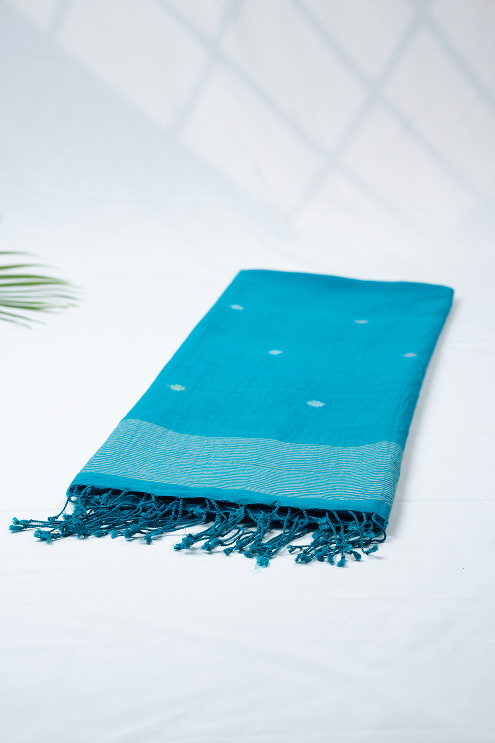 Teal Blue Yantra Handwoven Pure Cotton Jamdani Dupatta-Sutra Art of Clothing