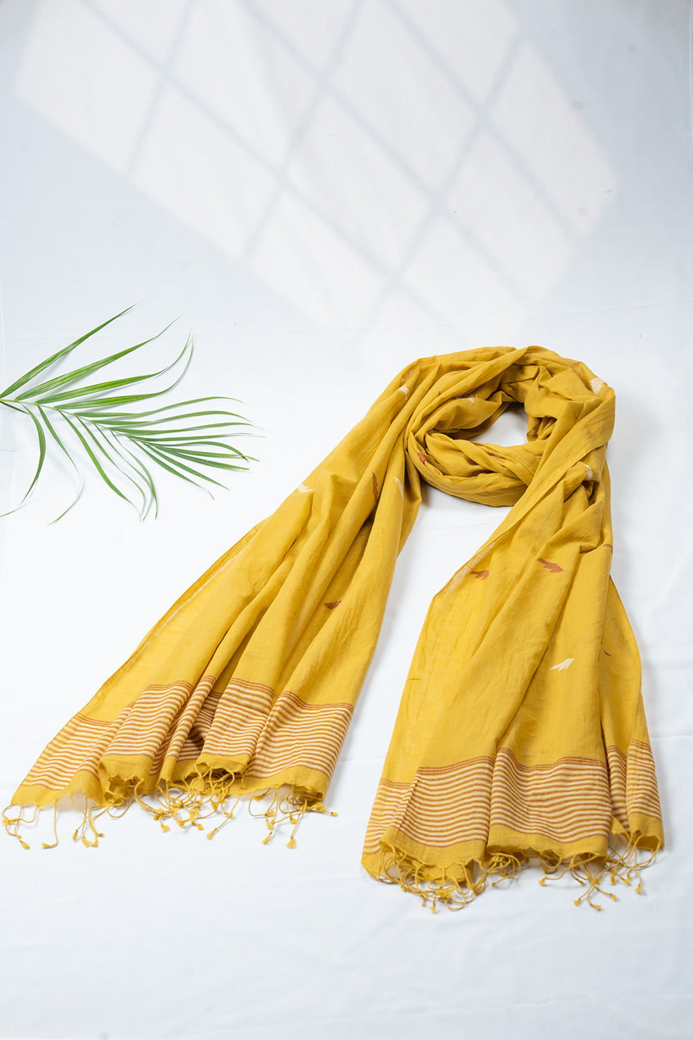 Mustard Yellow Handwoven Pure Cotton Jamdani Dupatta-Sutra Art of Clothing