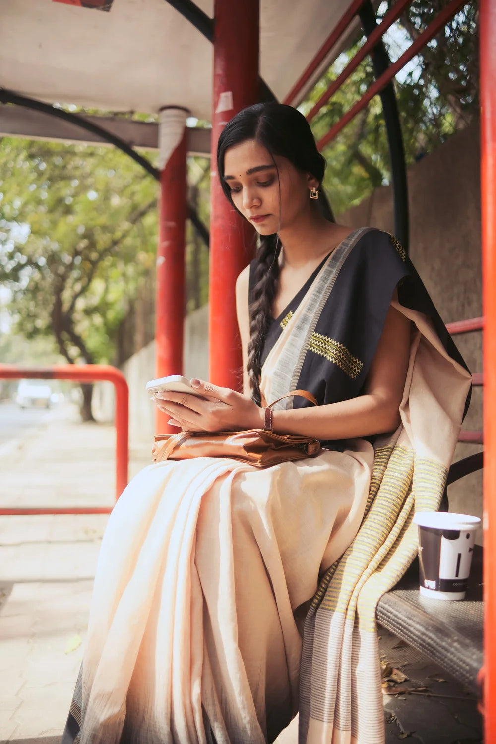 Handloom Light Brown cotton saree with Black border