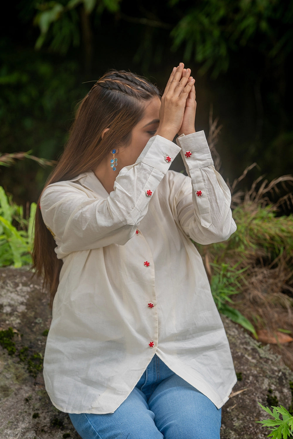 Cream Soft Bloom  Embriodered Cotton Shirt