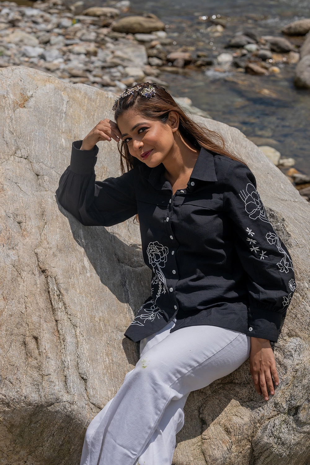 Black & White Cotton Embriodered Shirt