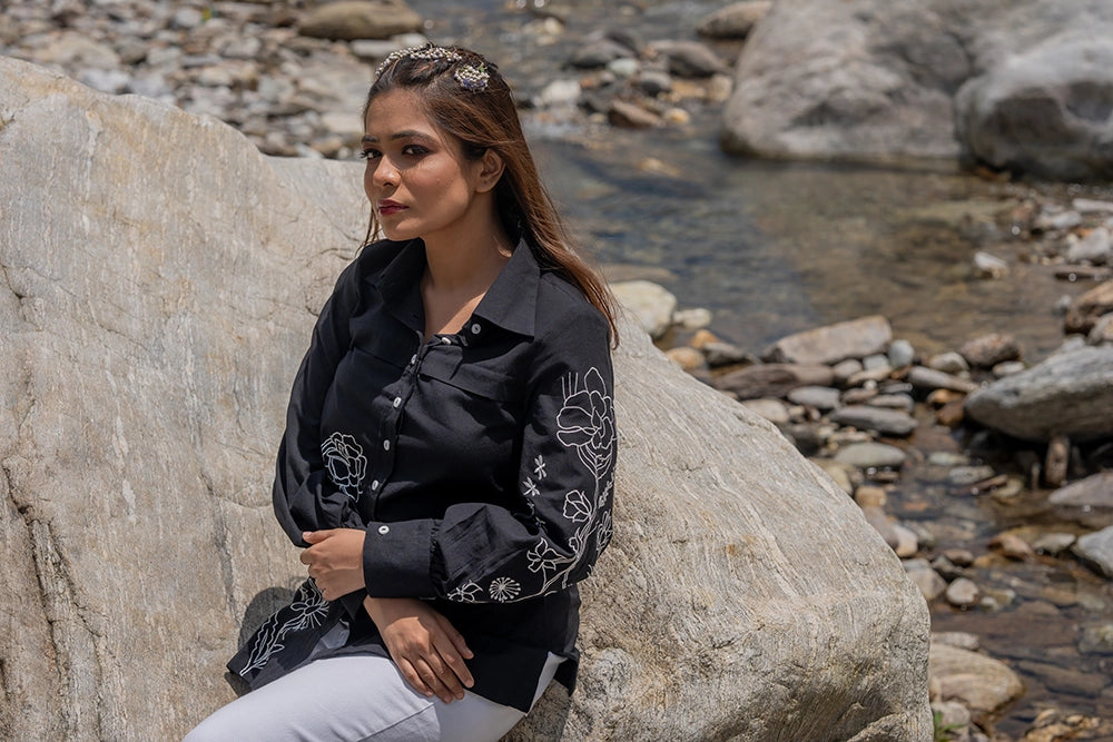 Black & White Cotton Embriodered Shirt