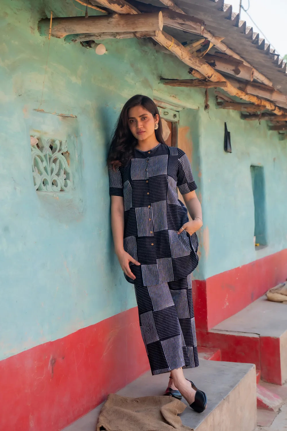 Black Check Stripes Pure Cotton Hand Block Print Co-ord Set