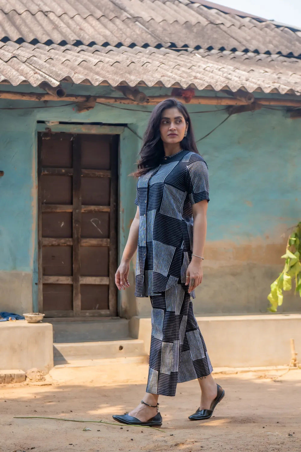 Black Check Stripes Pure Cotton Hand Block Print Co-ord Set