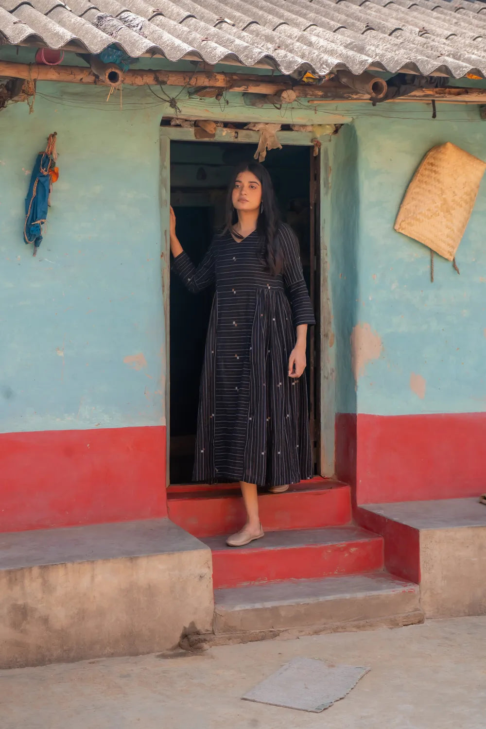 Shimmer Black Handwoven Cotton Jamdani Dress