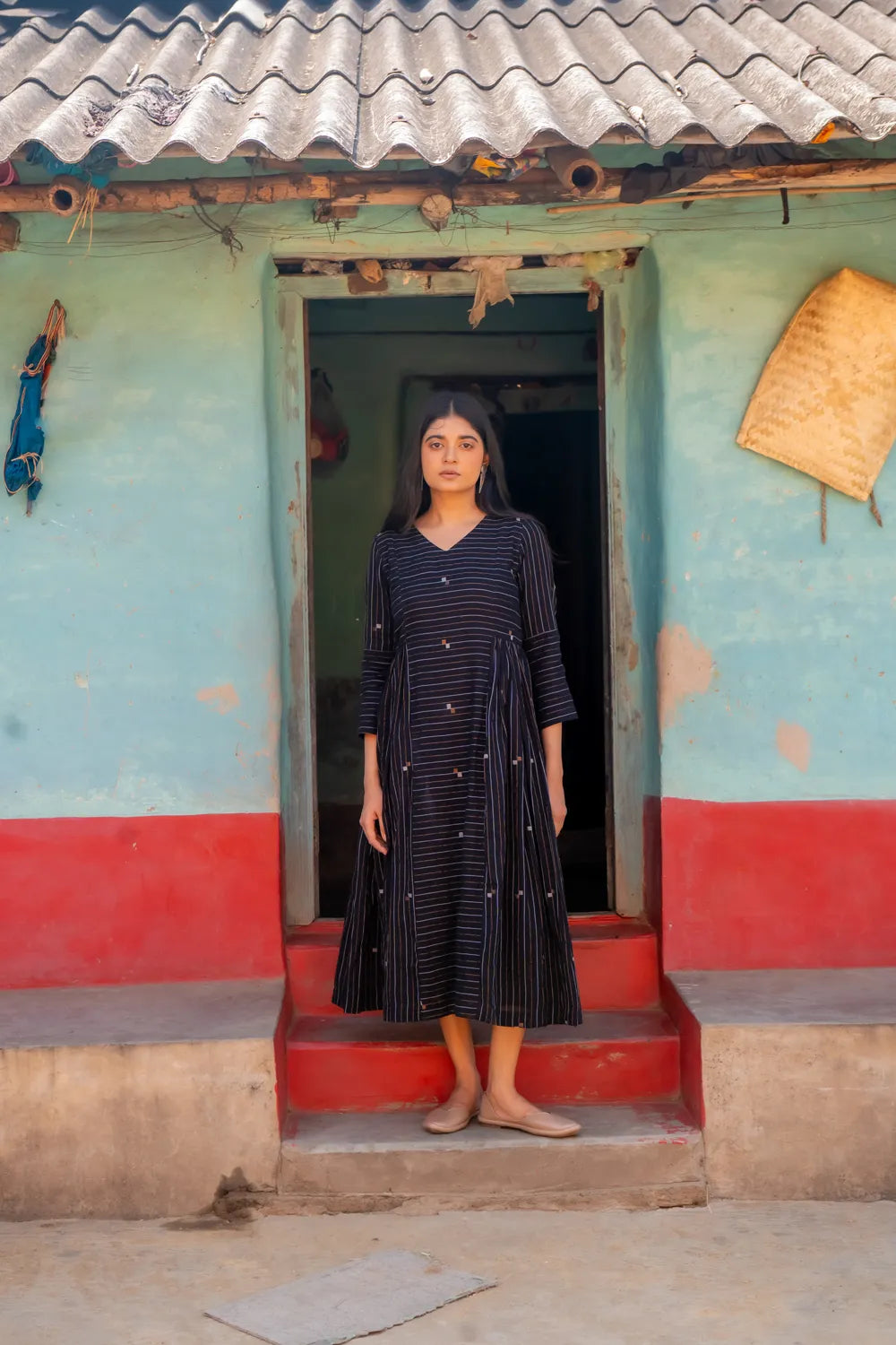 Shimmer Black Handwoven Cotton Jamdani Dress