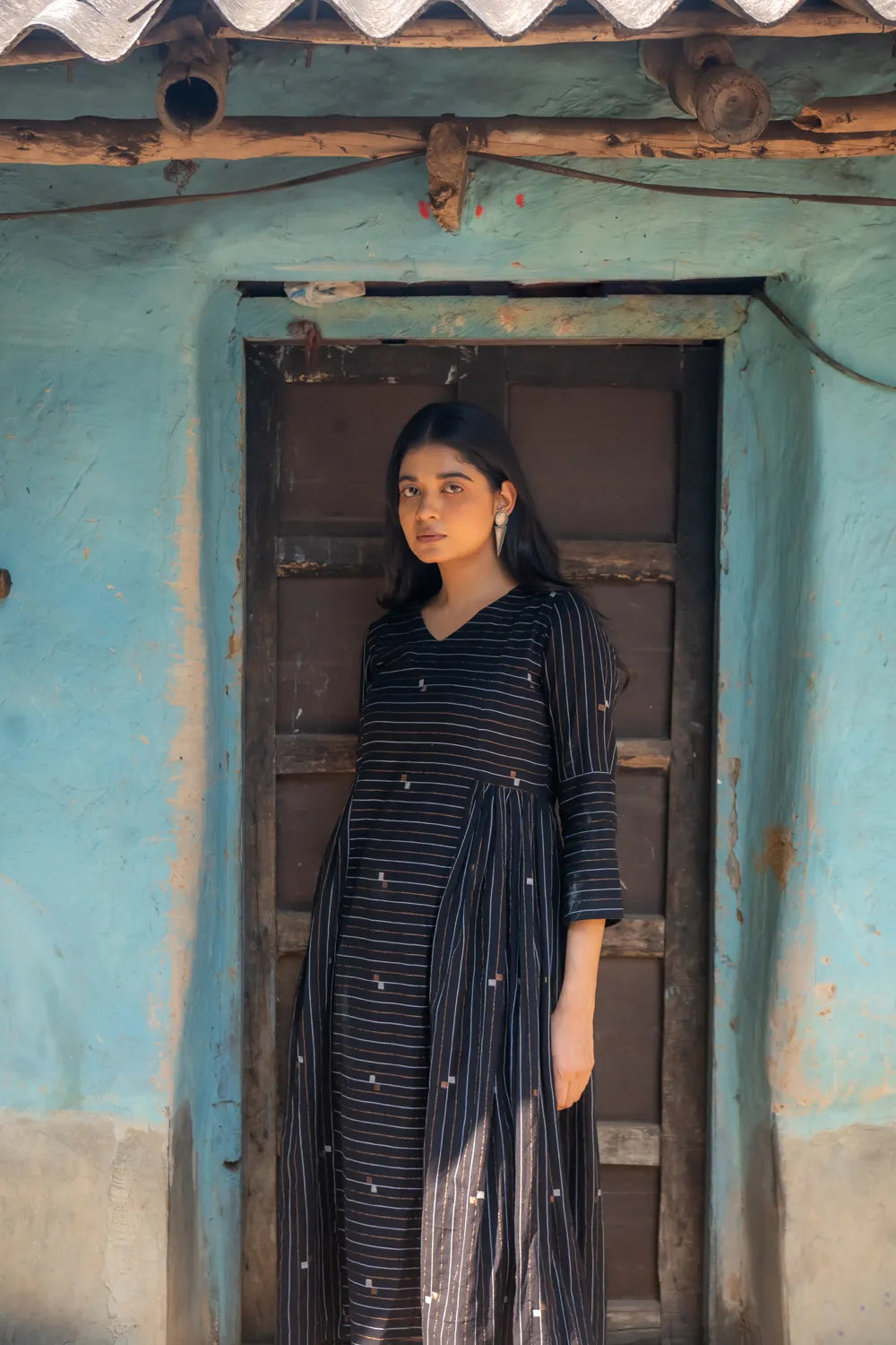 Shimmer Black Handwoven Cotton Jamdani Dress