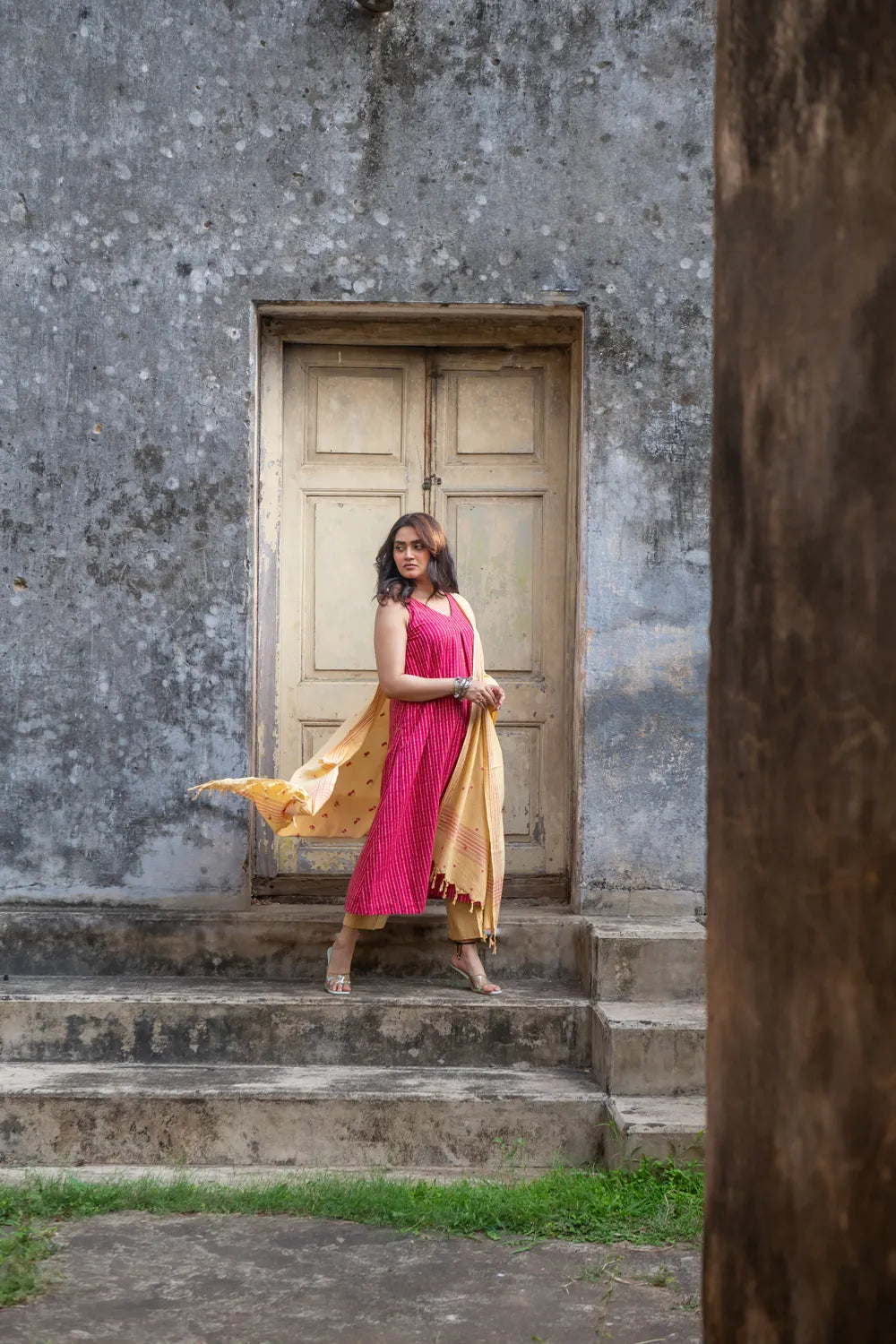 Pink Pure South Cotton Woven Kurta Set with Dupatta