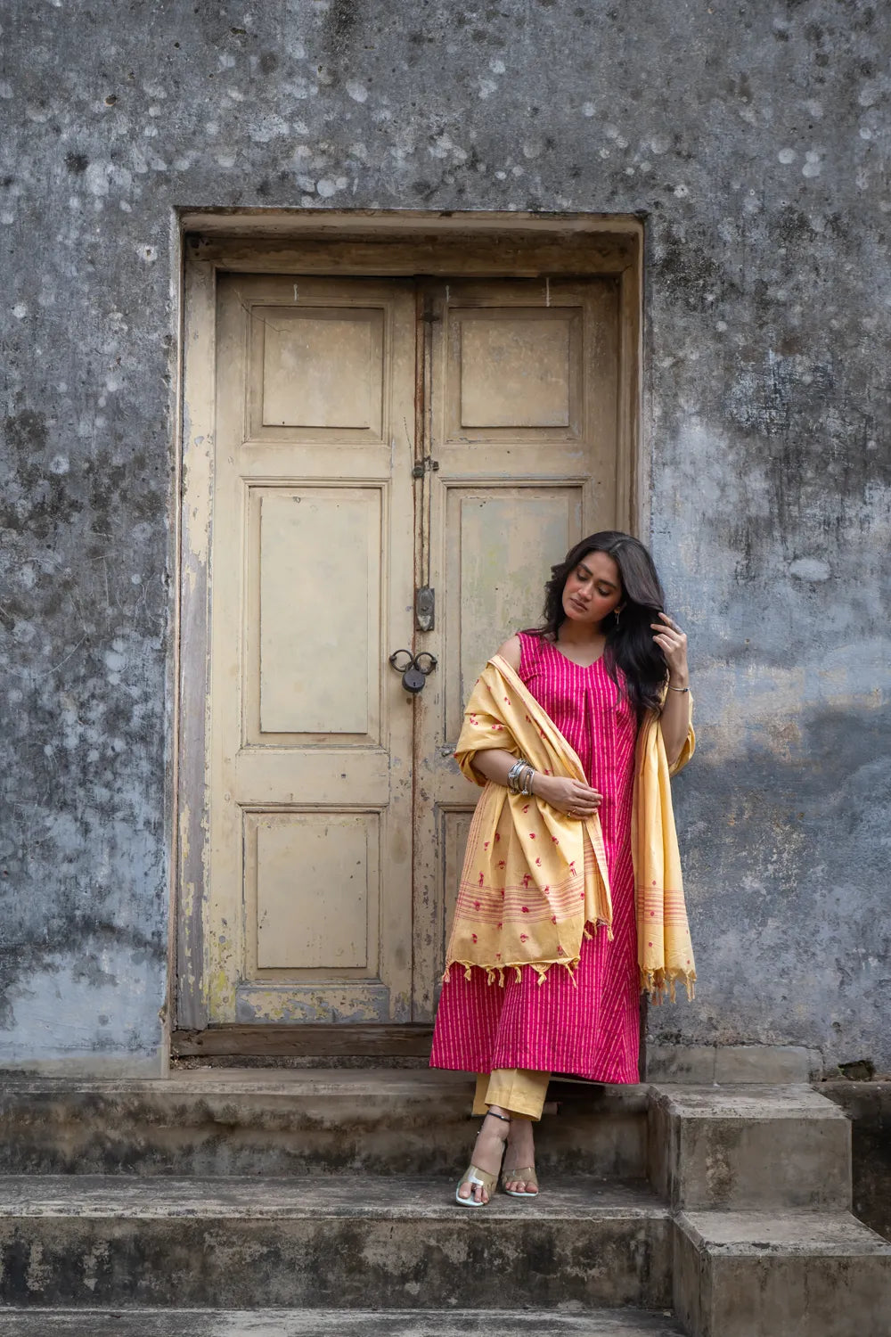 Pink Pure South Cotton Woven Kurta Set with Dupatta