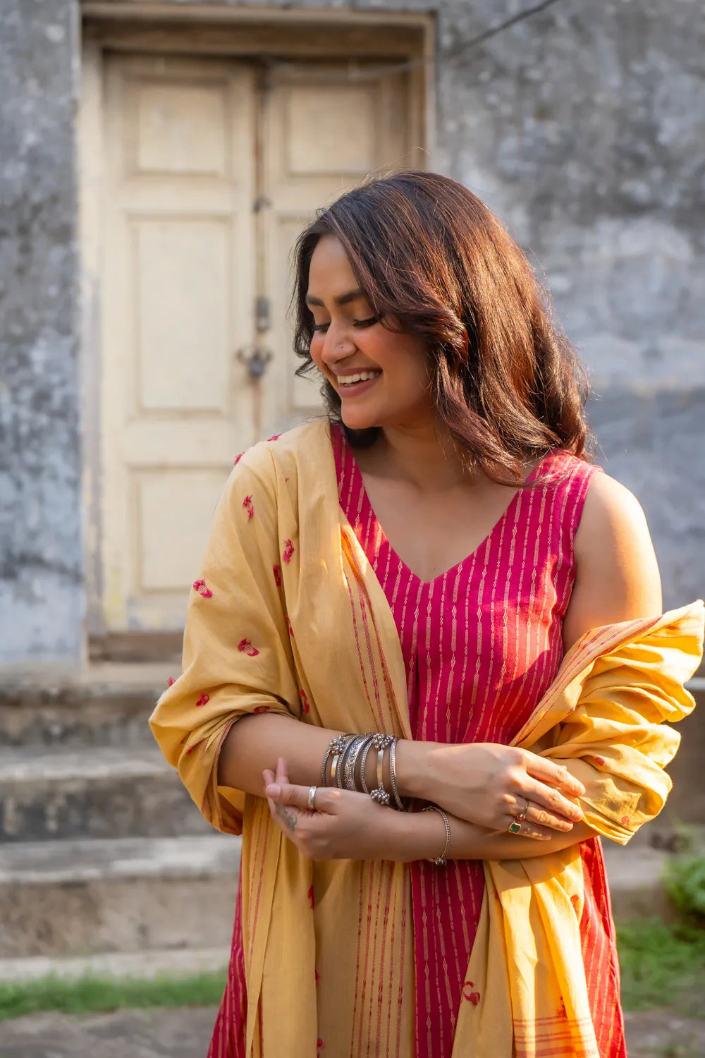 Pink Pure South Cotton Woven Kurta Set with Dupatta
