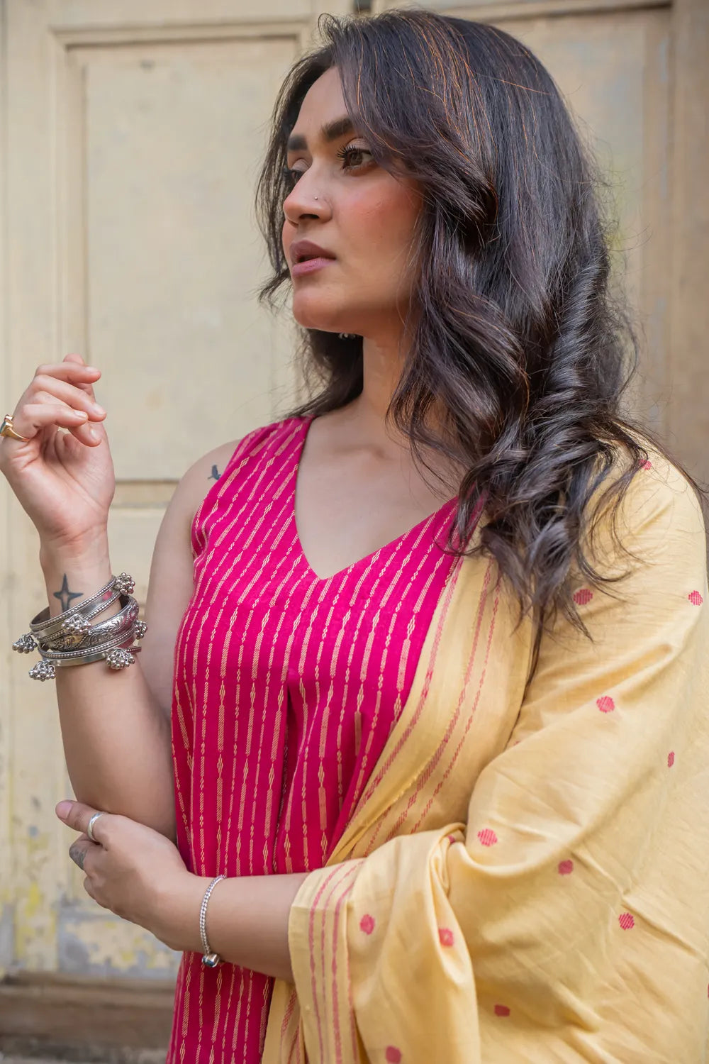 Pink Pure South Cotton Woven Kurta Set with Dupatta