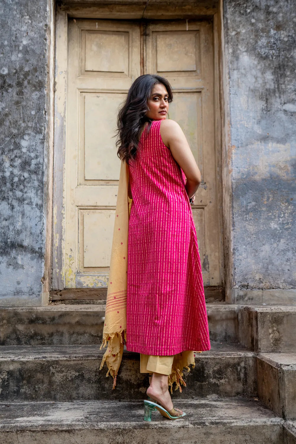 Pink Pure South Cotton Woven Kurta Set with Dupatta