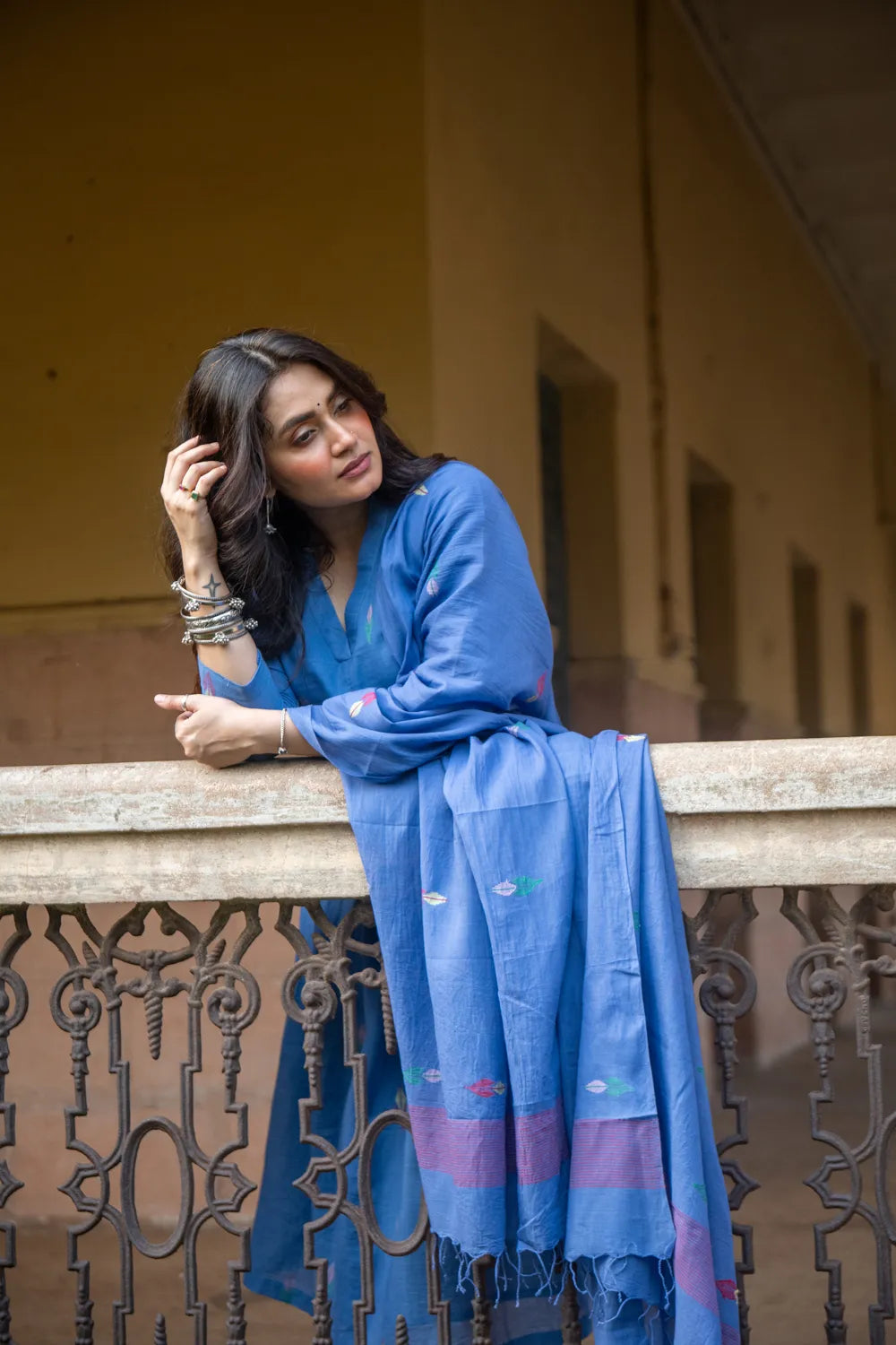 Handloom Sky Blue Pure Cotton Jamdani Kurta Set With Dupatta