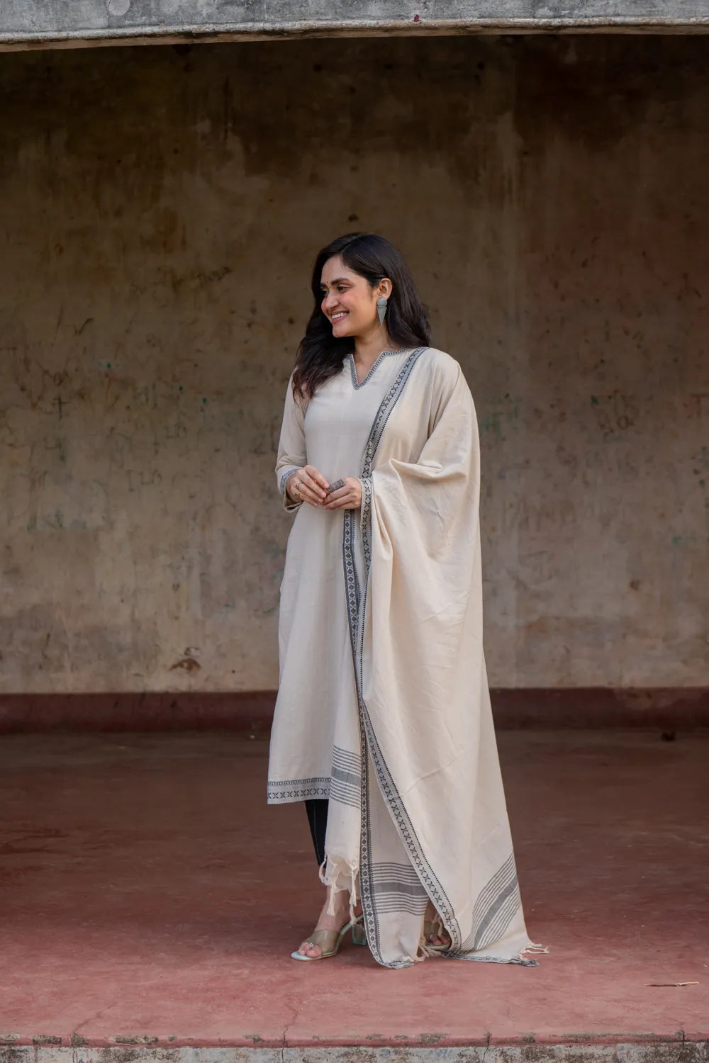 Beige & Black Pure South Cotton Woven Kurta Set with Dupatta