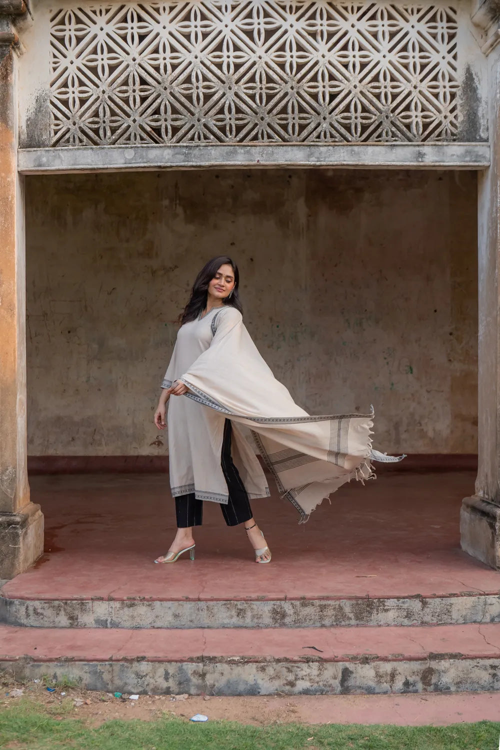 Beige & Black Pure South Cotton Woven Kurta Set with Dupatta