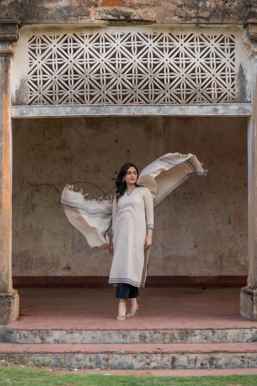 Beige & Black Pure South Cotton Woven Kurta Set with Dupatta