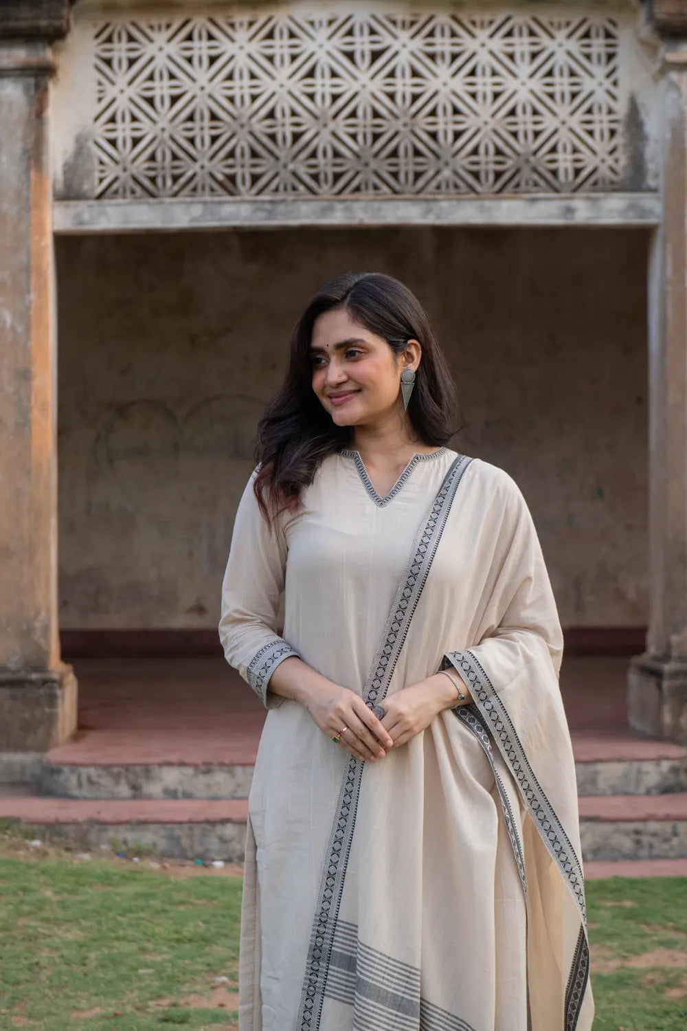 Beige & Black Pure South Cotton Woven Kurta Set with Dupatta
