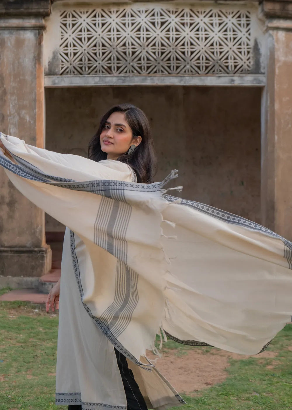 Beige & Black Pure South Cotton Woven Kurta Set with Dupatta