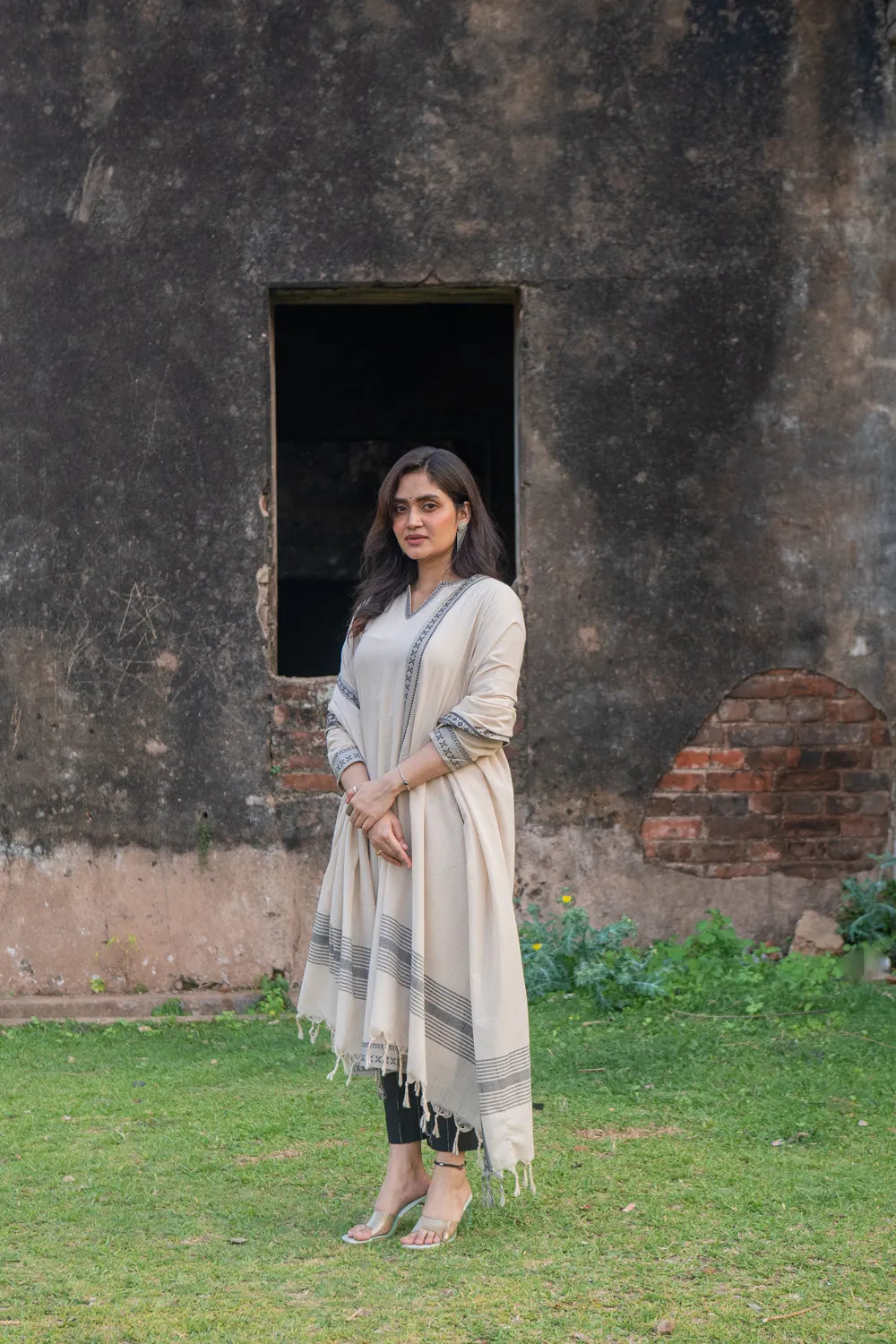 Beige & Black Pure South Cotton Woven Kurta Set with Dupatta