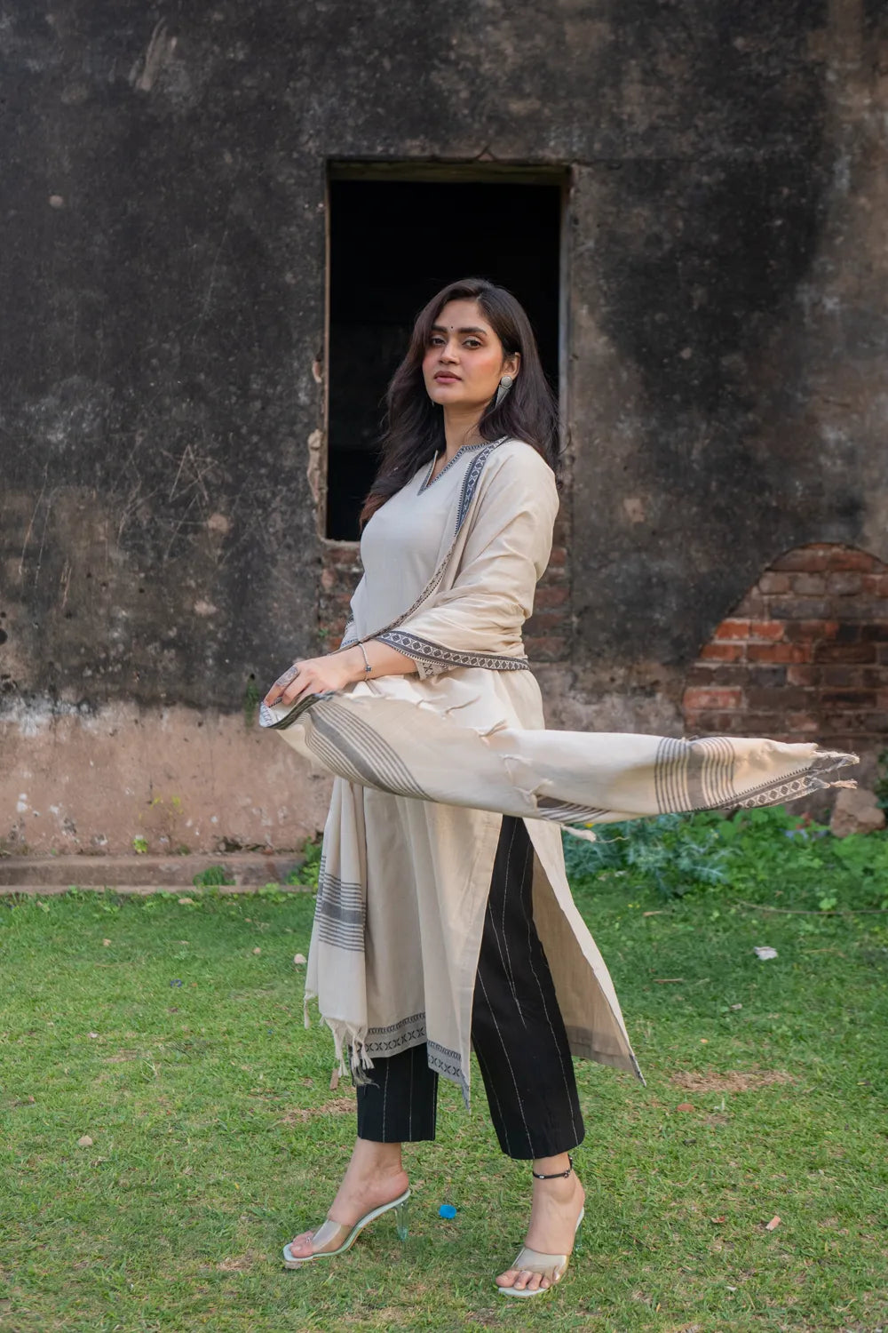 Beige & Black Pure South Cotton Woven Kurta Set with Dupatta
