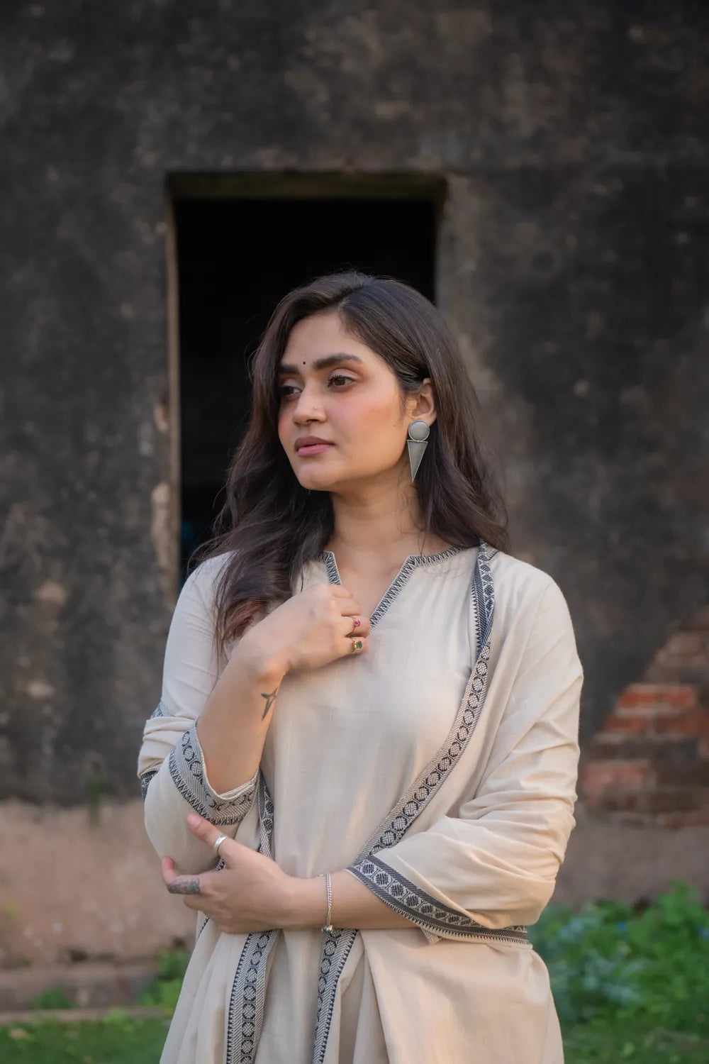 Beige & Black Pure South Cotton Woven Kurta Set with Dupatta