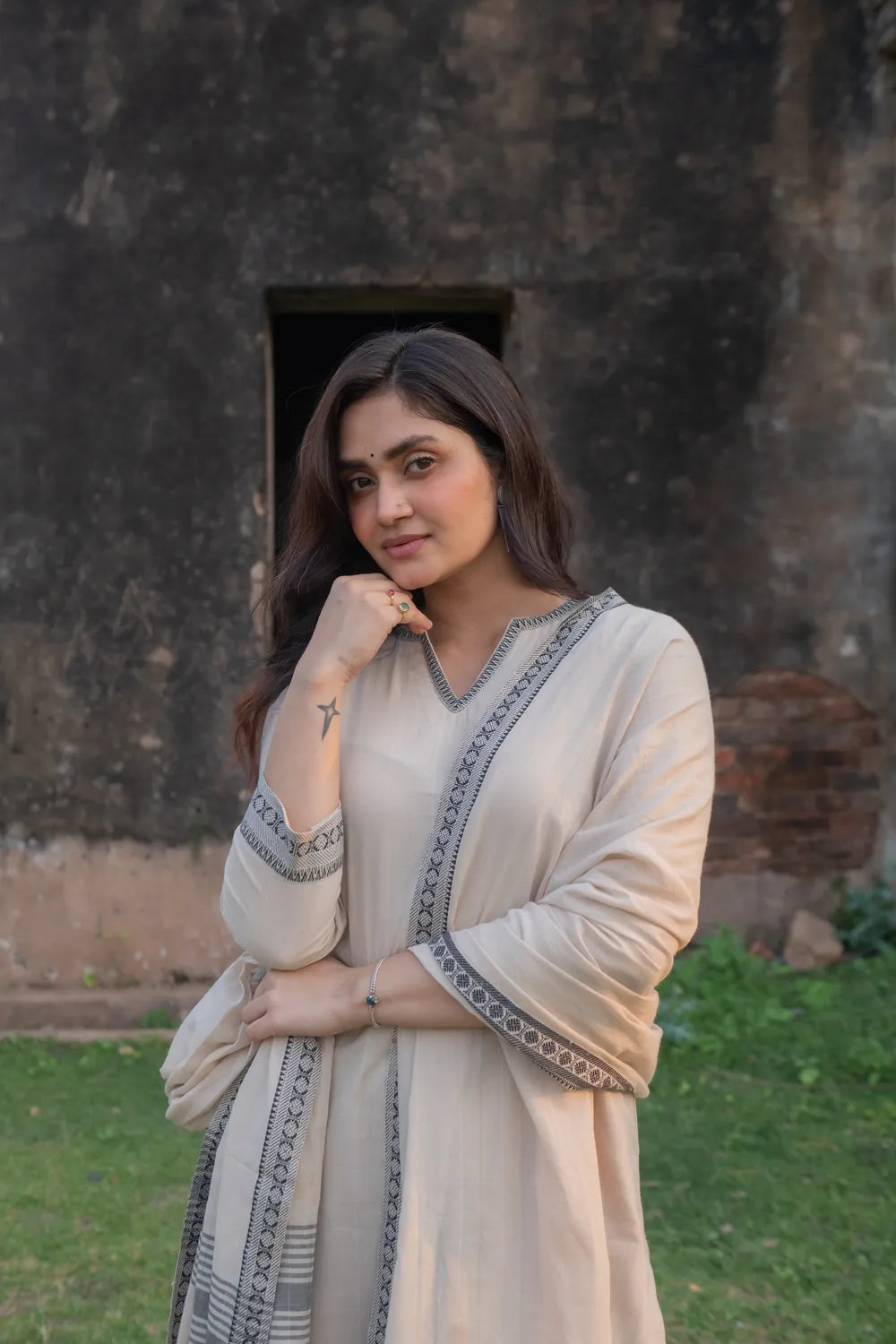 Beige & Black Pure South Cotton Woven Kurta Set with Dupatta