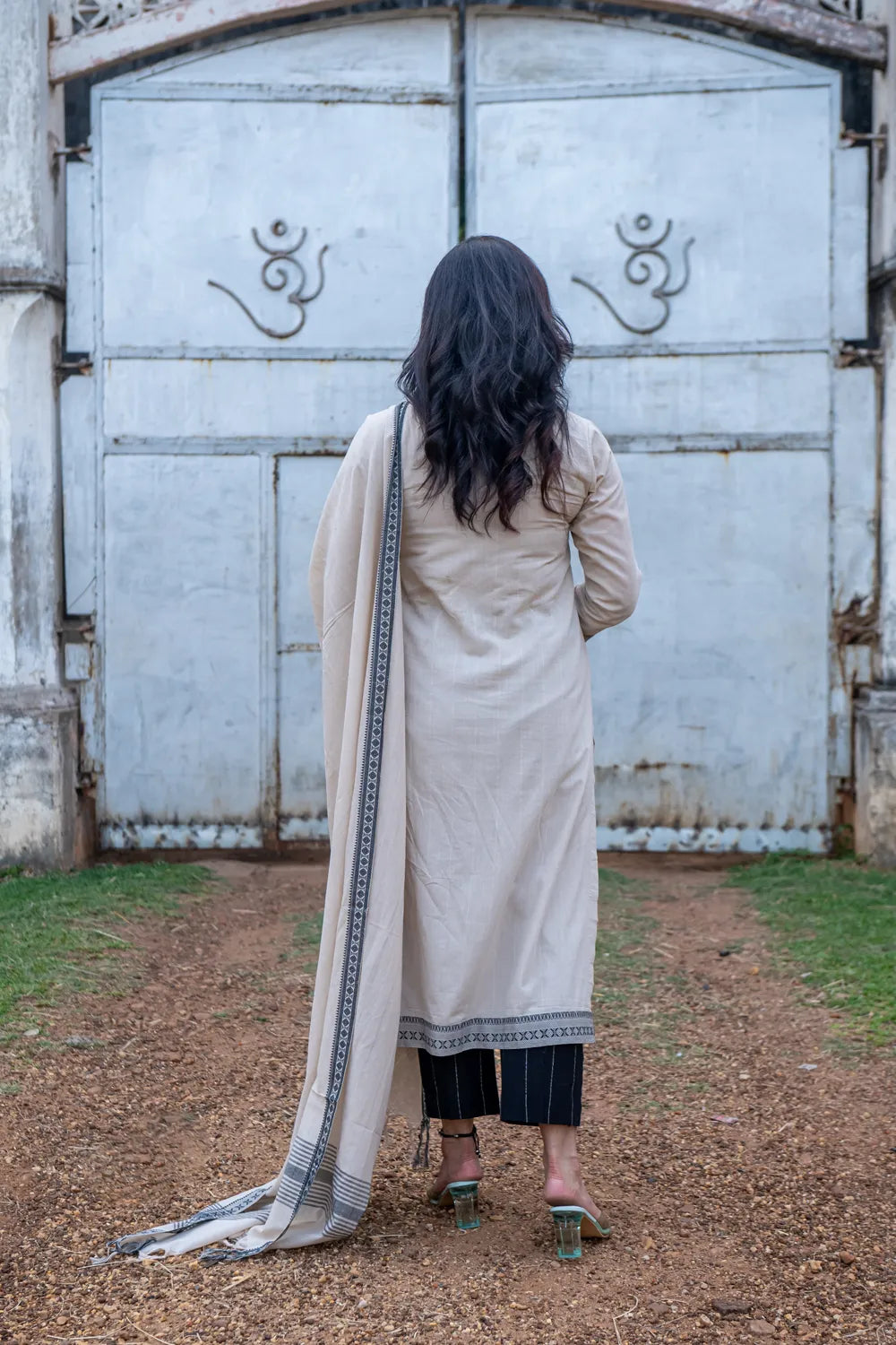 Beige & Black Pure South Cotton Woven Kurta Set with Dupatta
