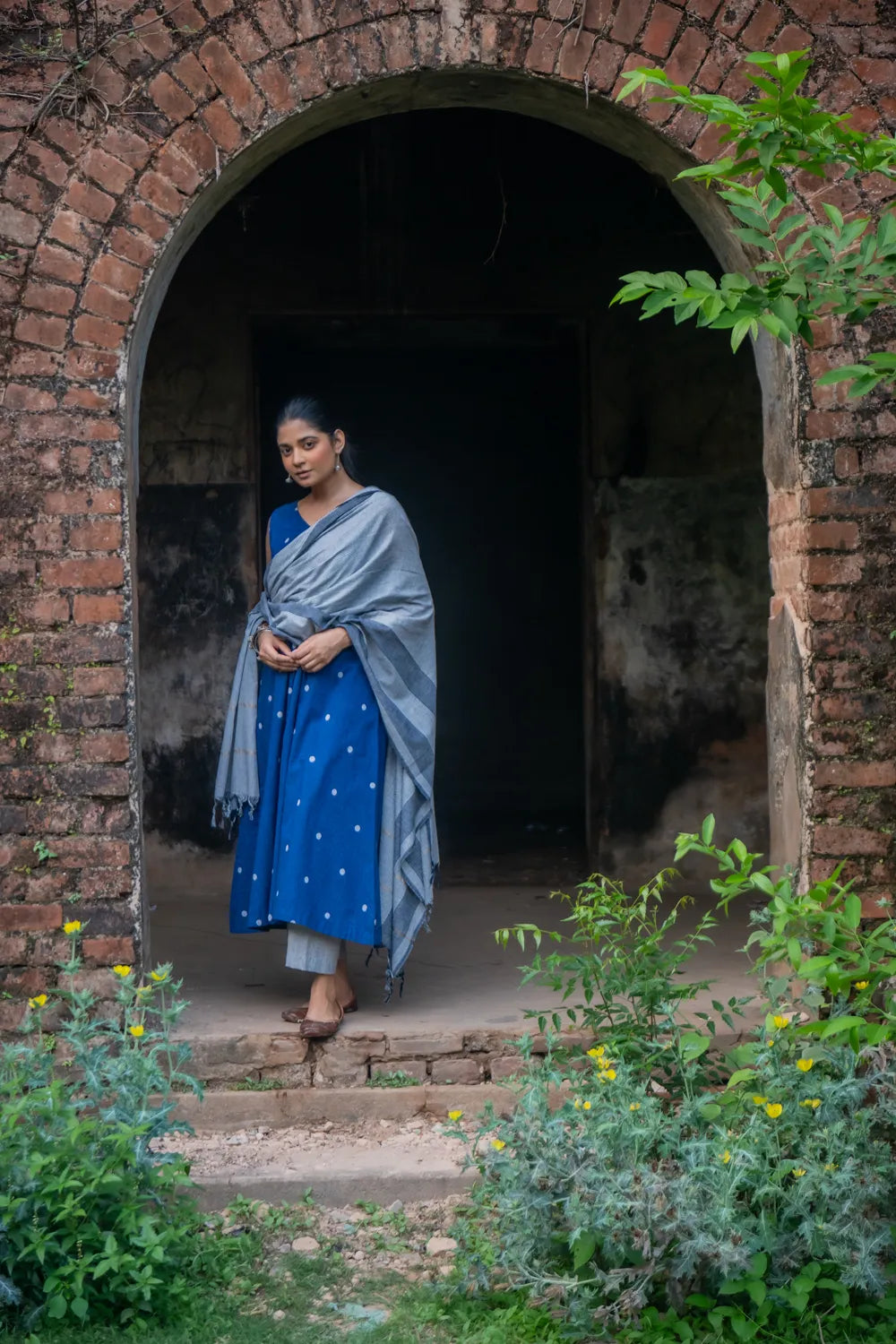 Blue Pure South Cotton Polka Woven Kurta Set with Dupatta