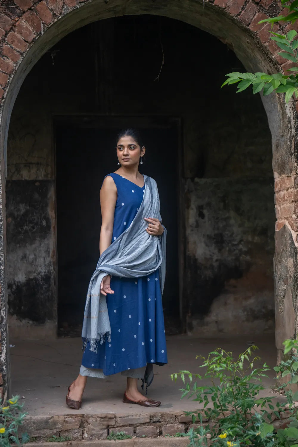 Navy Blue and White Woven Suit Set with Subtle Buti & Stripes Dupatta