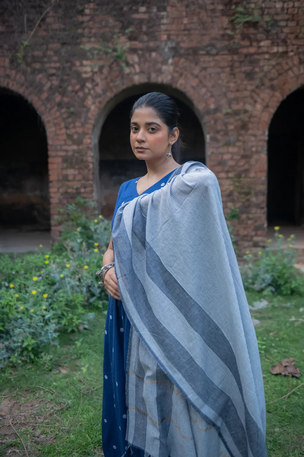 Blue Pure South Cotton Polka Woven Kurta Set with Dupatta
