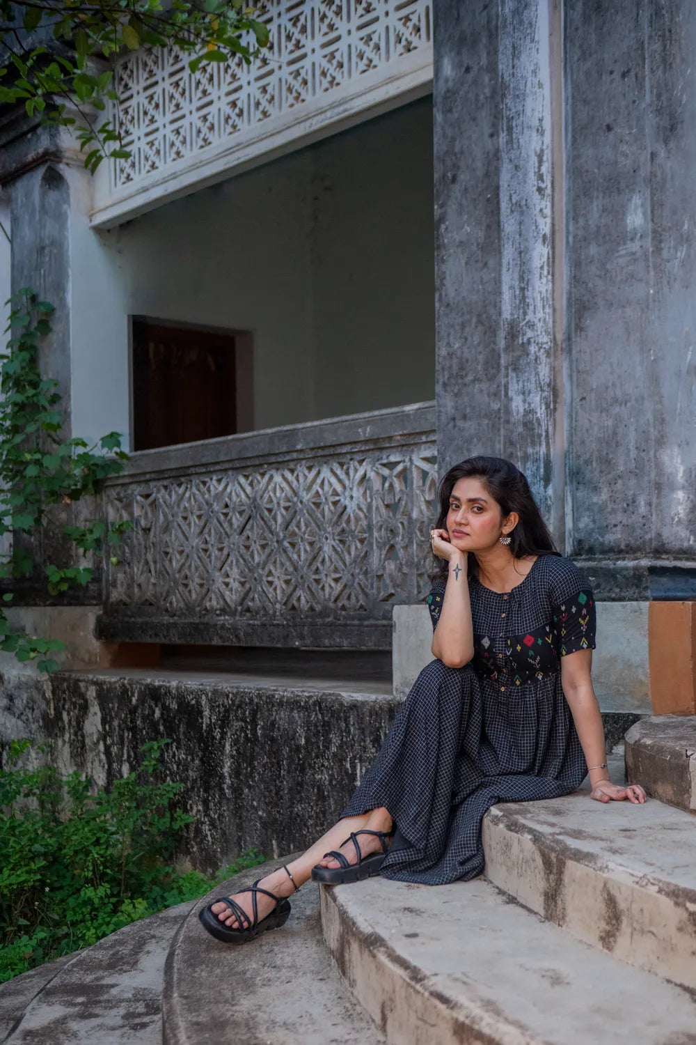 Checkmate Handwoven Pure Cotton Jamdani Dress