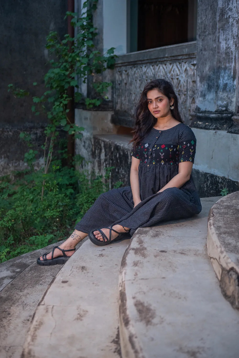 Checkmate Handwoven Pure Cotton Jamdani Dress
