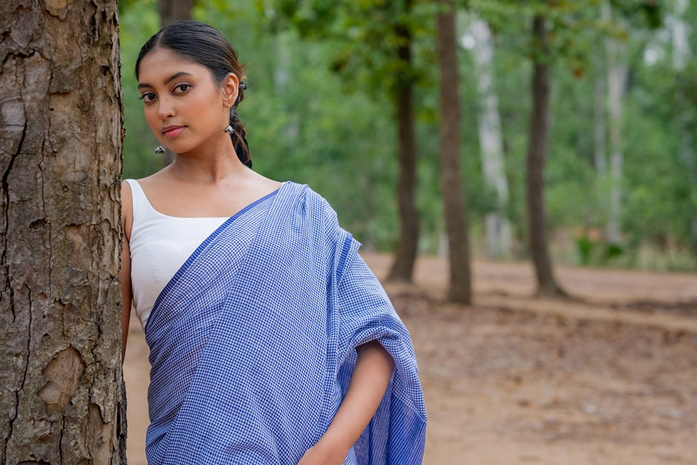 Handloom Blue Check Mul Cotton Saree