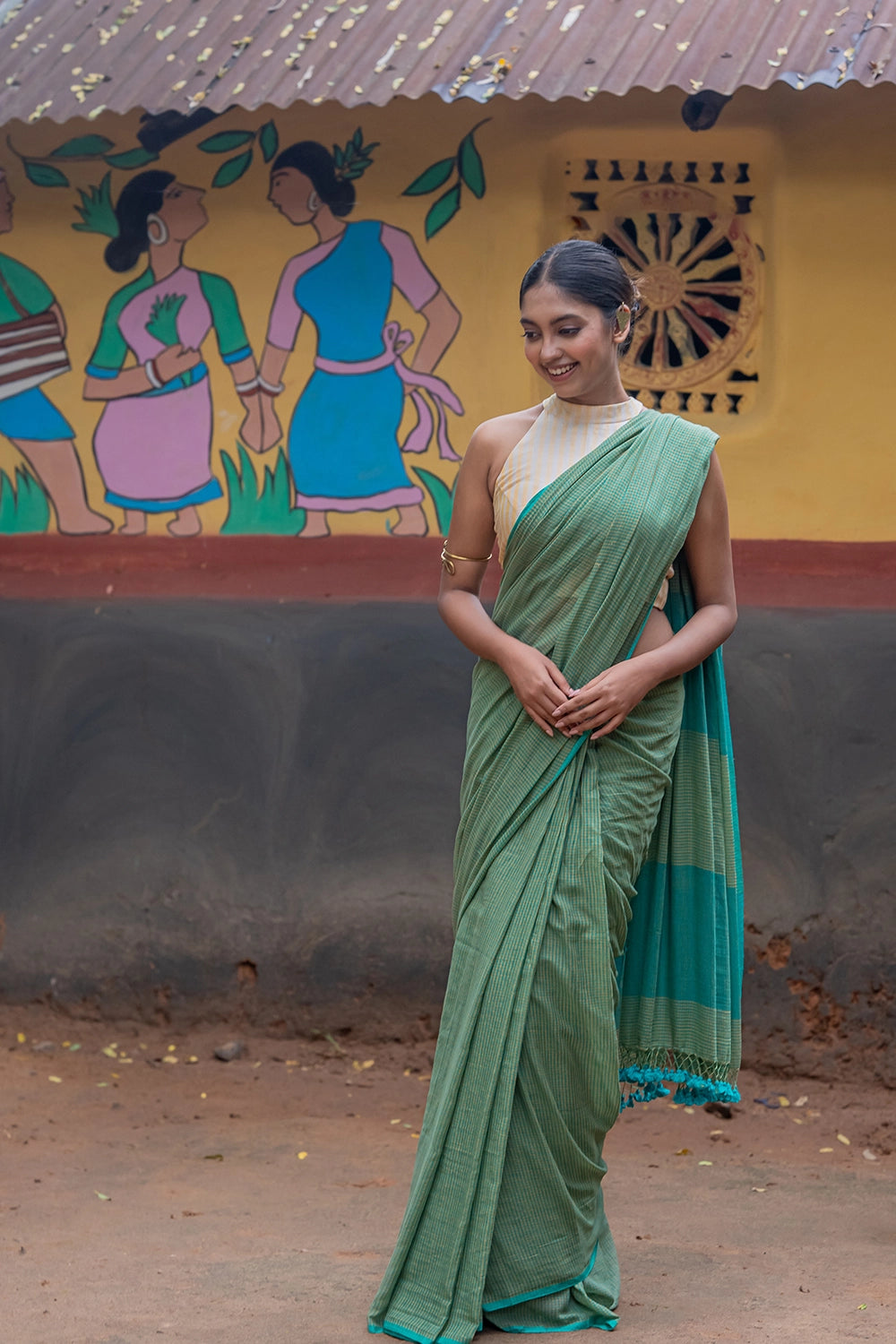 Handloom Sea Green Check Mul Cotton Saree