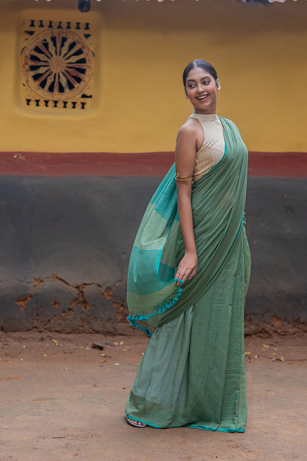 Handloom Sea Green Check Mul Cotton Saree